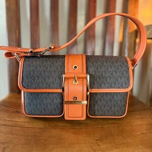 Michael Kors Colby Medium Shoulder Bag – Brown MK Monogram & Orange Trim